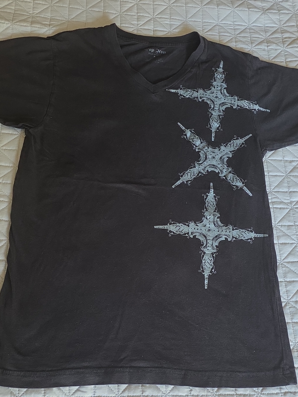 POP ICON CLOTHING Black V-Neck Tee with Gray Cross Graphics